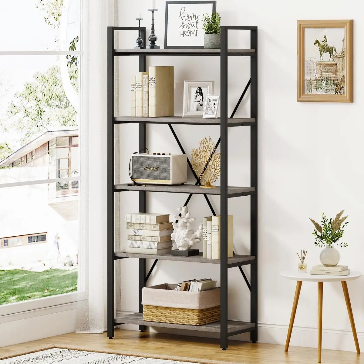 

Industrial Bookshelf, Etagere Bookcases and Book Shelves 5 Tier, Rustic Wood and Metal Shelving Unit (Dark Gray Oak)