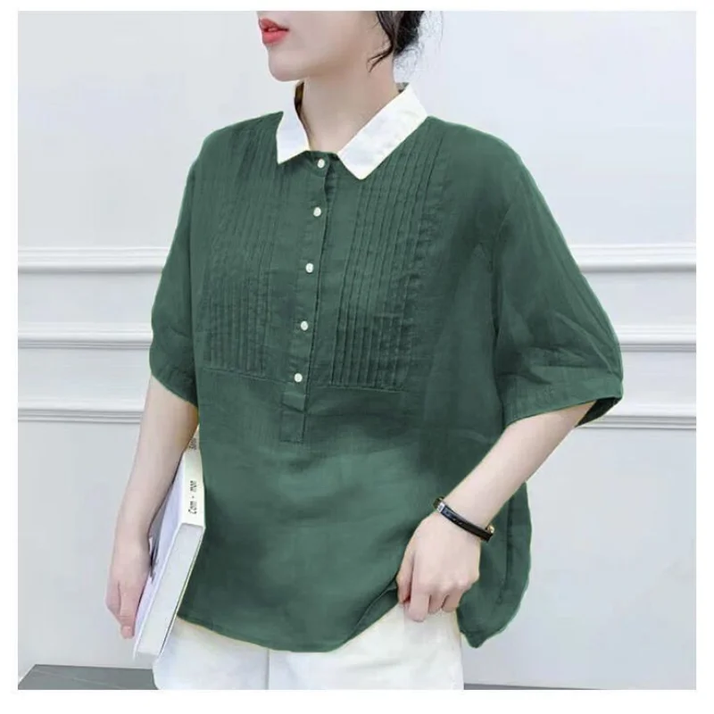 Vintage Loose All-match Contrast Shirt Tops Summer New Polo Neck Short Sleeve Solid Color Blouse Fashion Casual Women Clothing