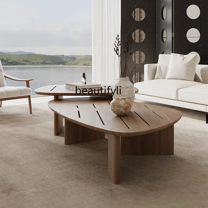 Italian minimalist solid wood hollow coffee table combination living room walnut pattern set table modern simplicityQ