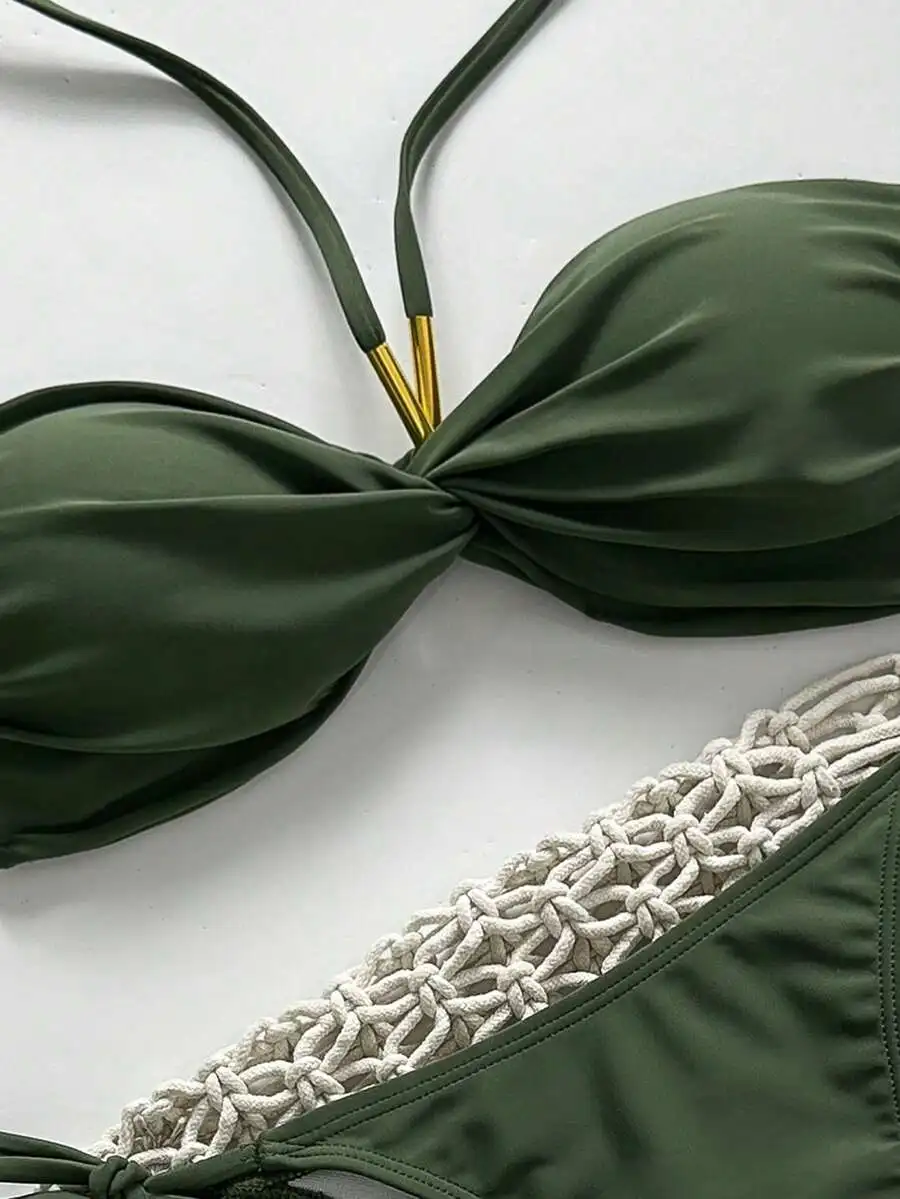 

Women Solid Color Halter Tie Bikini Set Green Beach Swimwear