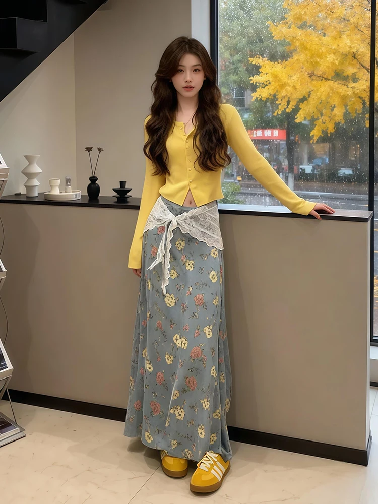 

Yellow Knitted Top And Floral Skirt Set Comfortable plus Size Women's Fashion Spring Collection Gentle Style Two-Piece Suit