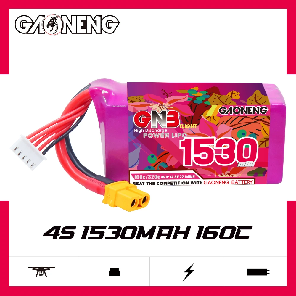 GNB 4S 14.8V Lipo Battery 1530mAh 160C/320C With XT60 Plug For RC FPV Drone Quadcopter Airplane Helicopter Racing Hobby Part