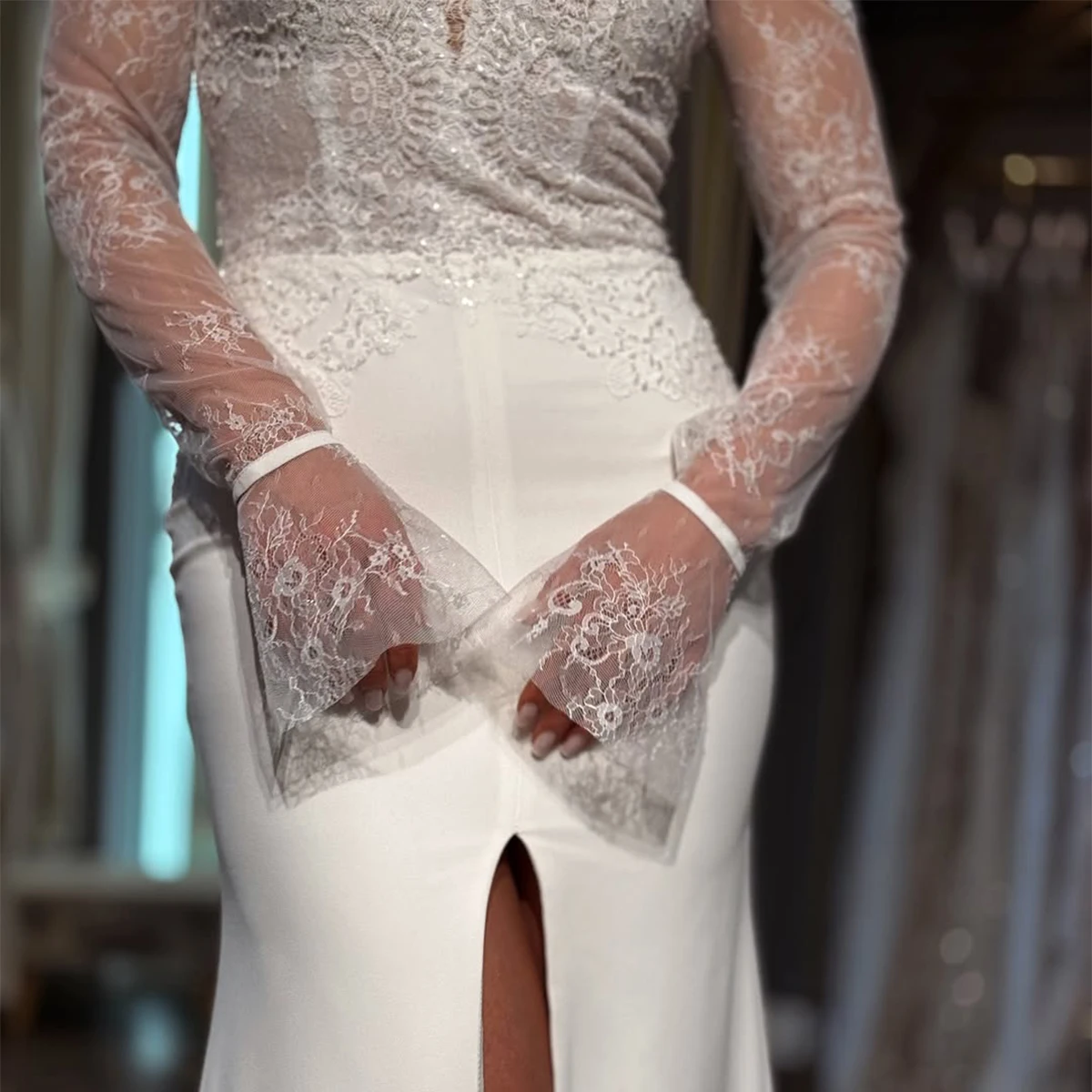 Romantische Satin-Langarm-Brautkleider mit Schleppe 2025, Meerjungfrau, V-Ausschnitt, Mantel, Brautpartykleid für die Braut, Vestidos Novia