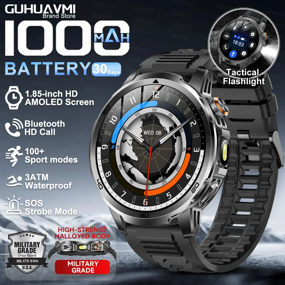 2026 Nieuwe Militaire Outdoor Smart Watch 1.85 '' AMOLED 1000mAh Grote Batterij 5ATM Waterdicht Spraakoproep Sport Mannen Fitness Bracel