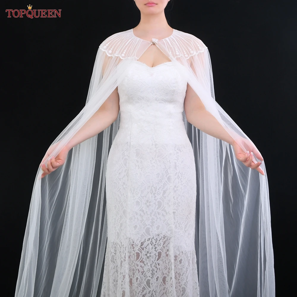 TOPQUEEN G24 White Lace Women Cape Veil Lace Organza Flower Long Wedding Capes Bridal Wraps 300cm Long Train Shawls Cloak DIY