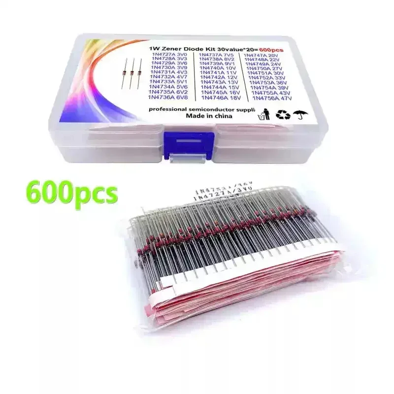 600pcs 3V-47V Diode Kit 1W Zener Voltage Regulator 39V 30V 27V 24V 22V 20V 18V 16V 13V 12V 10V Zener Diode Set 30Values*20pcs