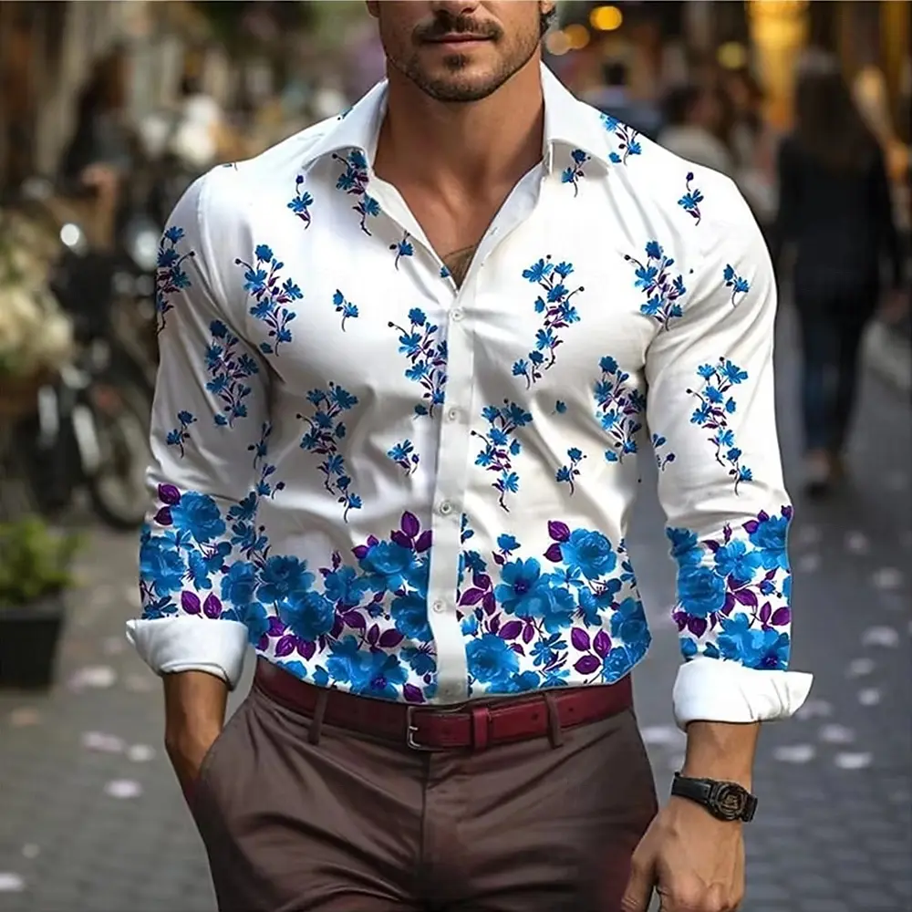 Fashion Men Long Sleeve Shirt Blue Purple Floral Print Turn Down Collar Casual Button Party Tops Men's Clothing