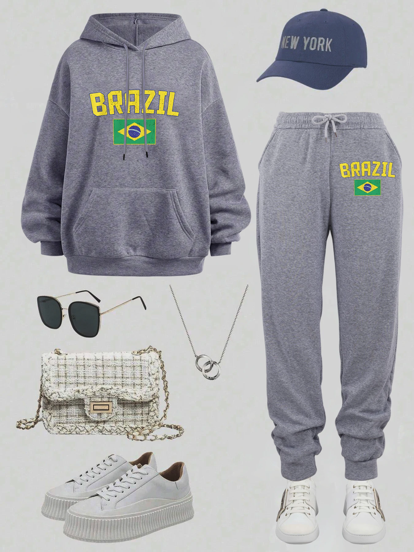 ชุดฮู้ดดี้แฟชั่นผู้หญิงลายตัวอักษรและธงชาติบราซิล พร้อมกางเกงวอร์มทรงหลวม สไตล์ลำลอง สำหรับออกกำลังกาย วิ่งจ๊อกกิ้ง สตรีทแวร์ ผ้าฟลีซ สำหรับฤดูใบไม้ร่วง