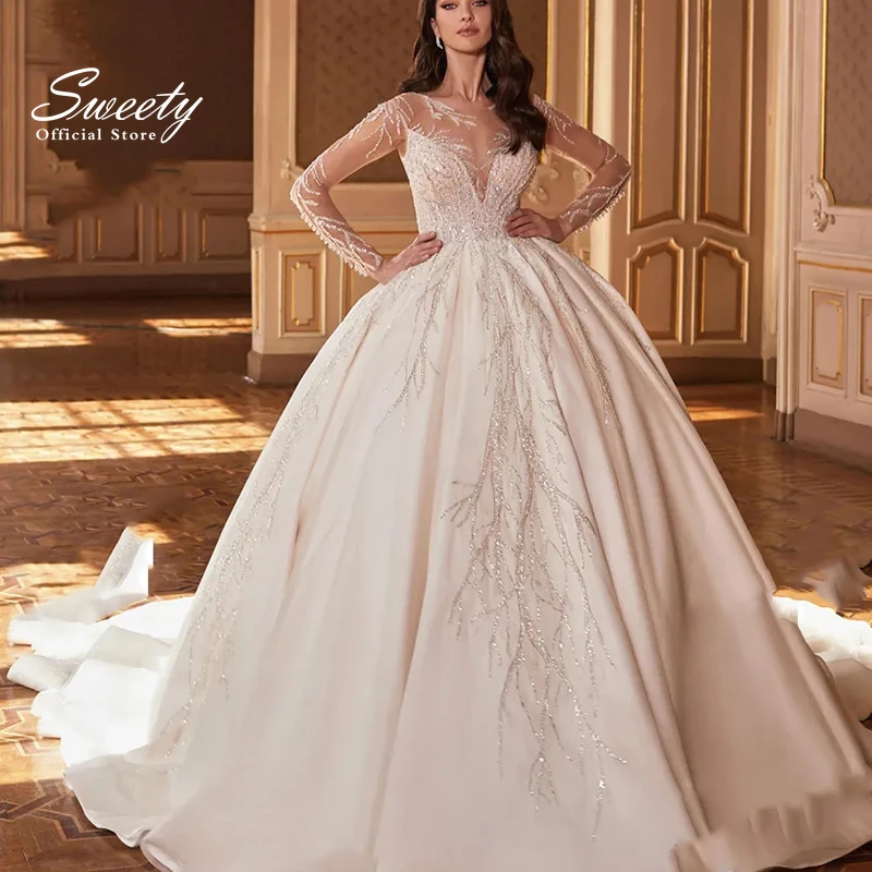 

Elegant Bride Dress Embroidered Lace On Satin With Princess Full Sleeve O-Neck Wedding Dress Button Vestido De Novia Customized