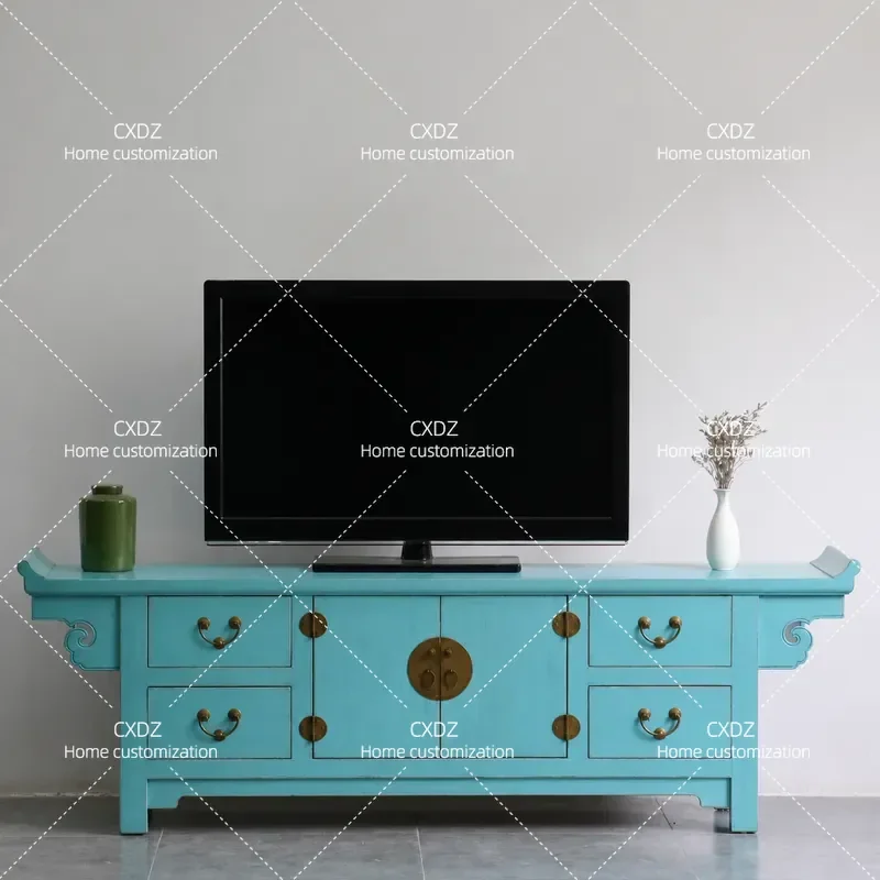Solid Wood TV Cabinet for Living Room Modern Low Profile Floor Console with Flip Top Storage Simple Blue Media Stand