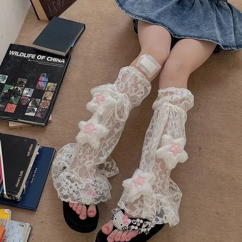 Y2k Sweet Lace Leg Cover Cover Plush Star Lolita Love Cute Lace Summer Thin Stockings Leg Warmers Japanese JK Accessories Sock