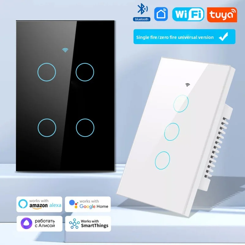 Tuya Wifi Intelligent Touch Black And White Switch Australian Standard Single Zero Fire Universal Switch Remote Voice Control