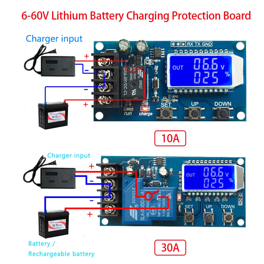 30A 10A Battery Charging Control Protection Board 6-60V LCD Display Automatic Charge Time Control UART TTL Setting Module
