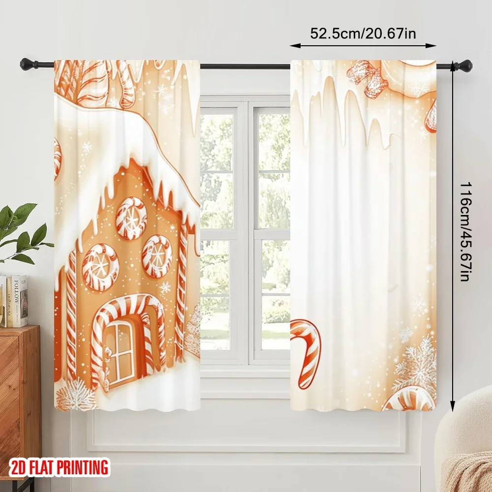 2pcs,2D plane printing Minimalist Curtains Candy Cane Gingerbread House Frosting (2) Versatile Polyester Fabric (without rod)