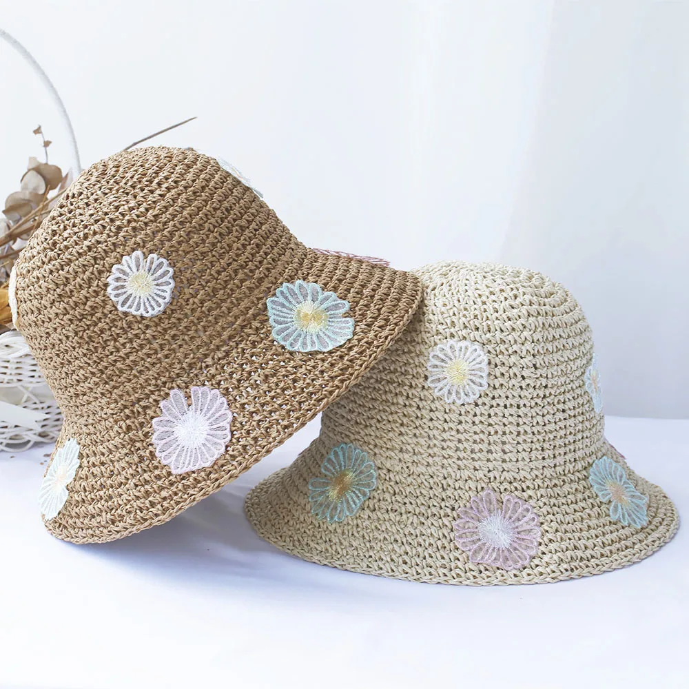 FlowerPastoral style sun hat fashion bucket hat Multicolor Foldable Sun Crochet Hat For Beach Travel Vacation handmade straw hat