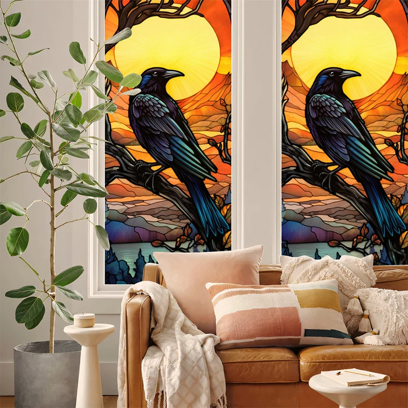 Stained Halloween Crow Colored Glass Film Electrostatic PVC Privacy Window Film Party Window Decor Window Stickers