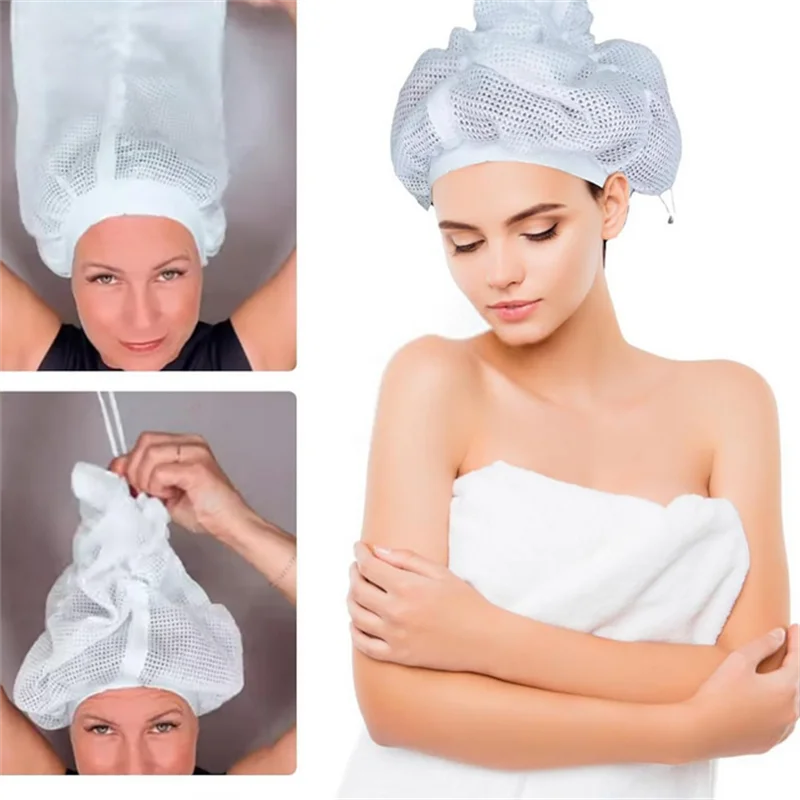 1PC White Reusable Net Plopping Bonnet Mesh Hat Net Plopping Bonnet Adjustable Hair Drying Hoods Hair Net Snoods Dry Hair Hat