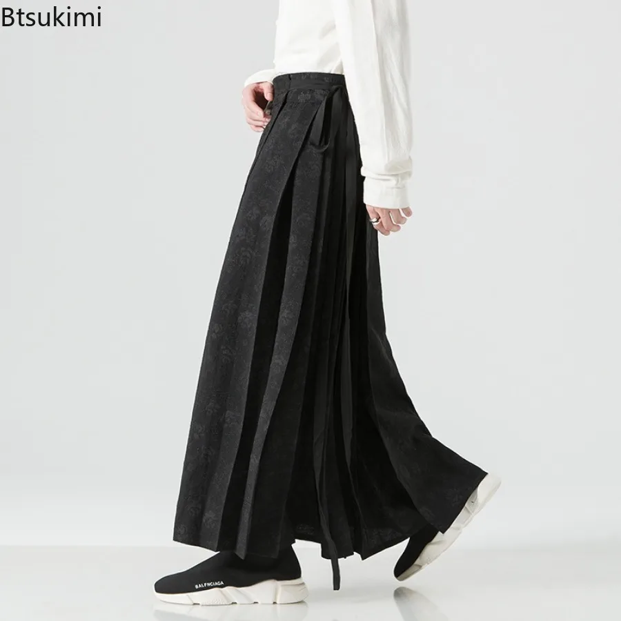 2024 Trend Streetwear Chinese Style Men's Print Skirt Pants Vintage Pleated Loose Trousers Casual Oversized Wide-leg Pants Male