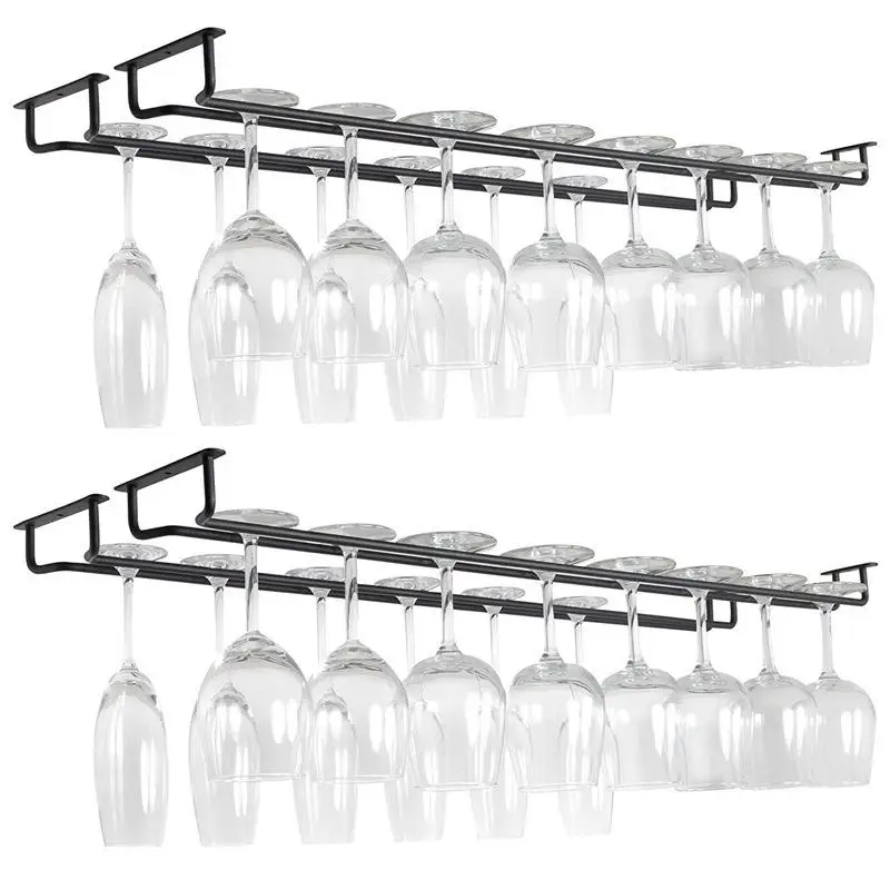 New 1 PCS Black Wall Mount Wine Glass Holder, Under Cabinet Hanging Stemware Rack For Kitchen & Bar