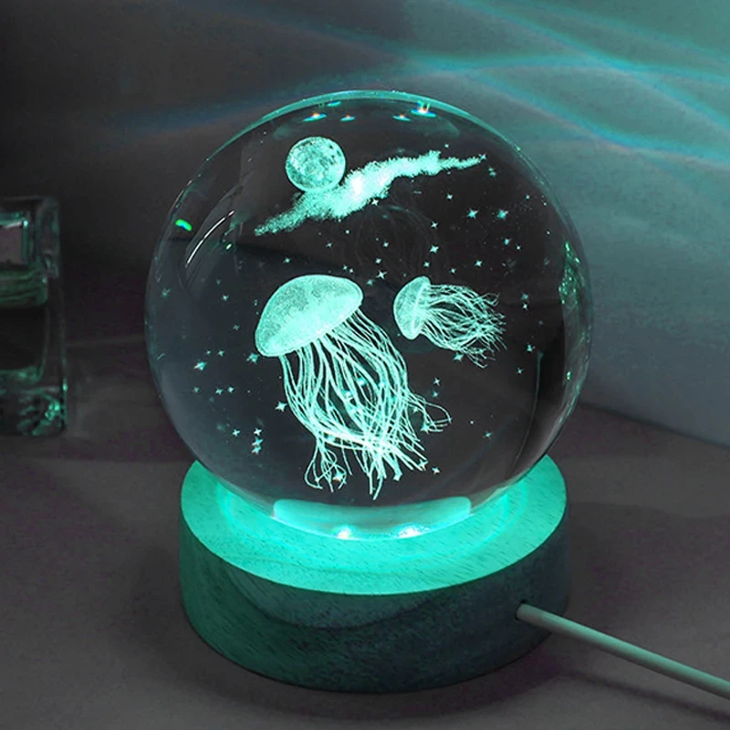 3D Jellyfish Laser Engraved Crystal Ball LED Night Light Birthday Girlfriend Classmate Wife Children Christmas Day Gift Decor