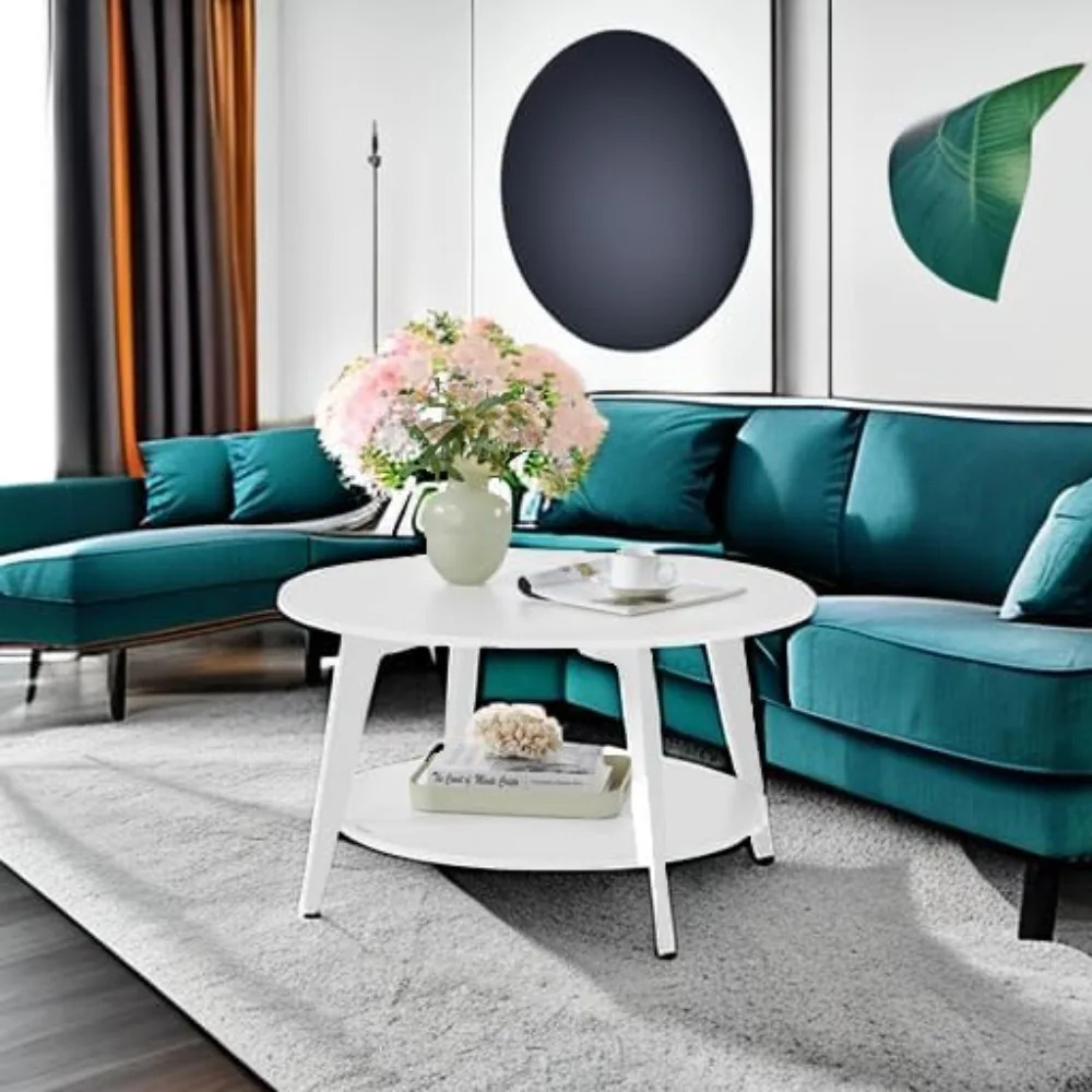 원형 커피 테이블, 수납 공간이 있는 2단 센터 테이블, 테이퍼형 다리, 곡선형 전환부, 직경 31.5인치. x 1