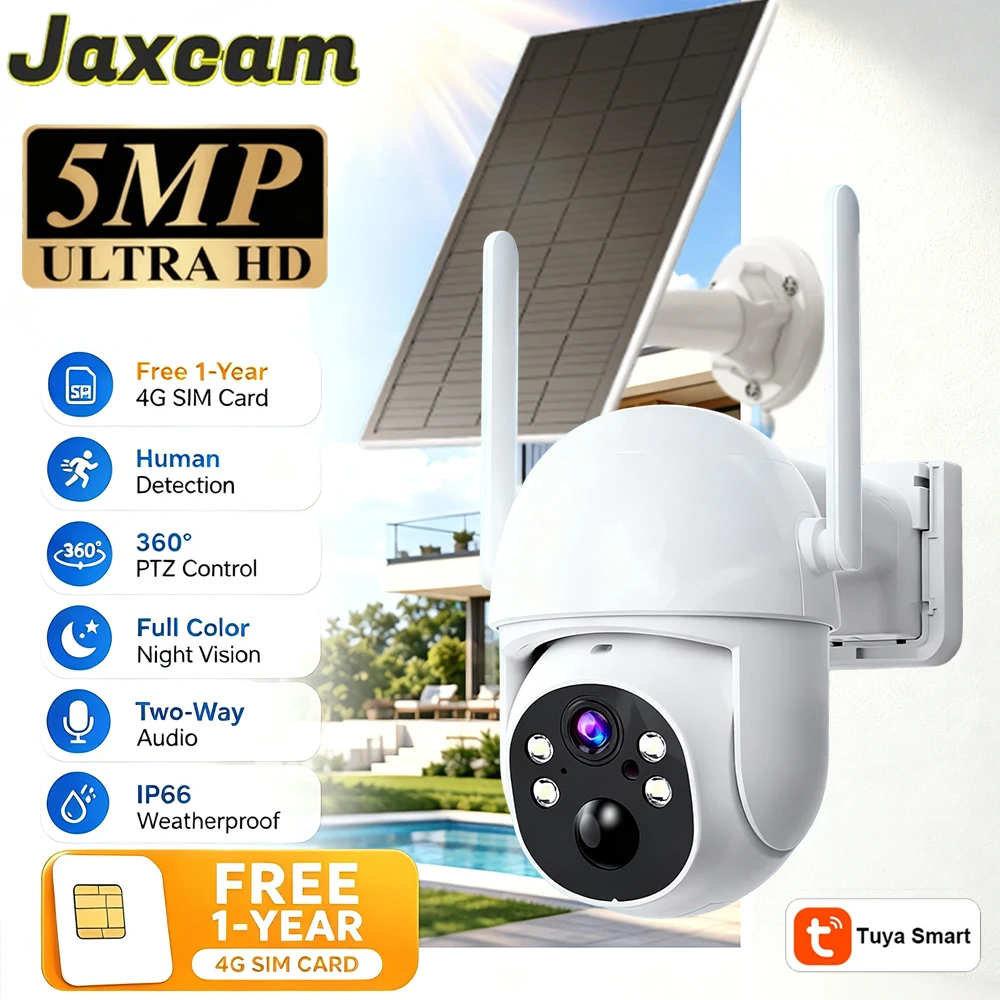 Tuya Smart Life Home 4G SIM Card Lifetime Data 5MP Surveillance Smart Security Camera Solar PTZ IP66 Weatherproof PIR Detection
