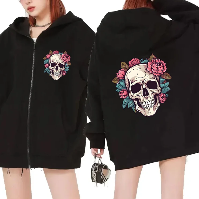 

High Quality New Floral Skull Halloween Double Sided Graphic Hoodie Men women vintage punk Zipper streetwear Unisex Fleece Coat