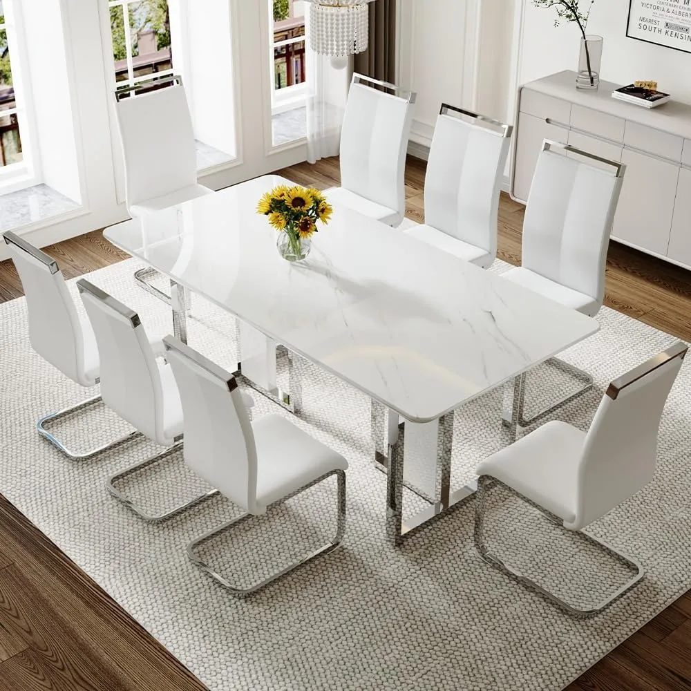 

Dining Table and Chairs, 67 Inches, Kitchen Table and Chairs, Kitchen Table with White Dining Chairs, 9 Piece Dining Tables Set