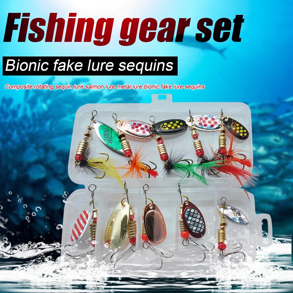 10pcs Rotating Spinner Fishing Lure Spoon Sequins Metal Hard Bait with Treble Hooks Wobblers Crankbaits  Trout Perch Pike