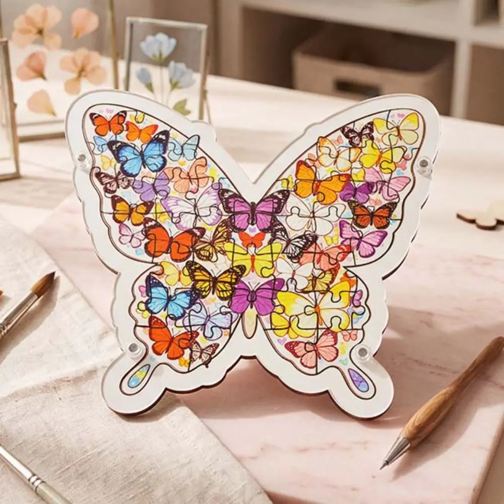 Brain Burning Cat Wooden Puzzle Bouquet Animal Puzzle Butterfly Jigsaw Home Decor Colored Unique Irregular Puzzle