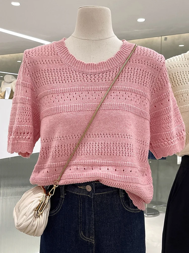 

Korean Sle Sweet Hollow out ort Sve Knitted Top Women's Crew Ne Base irt Slimming Summer T-irt Fem Upperwear