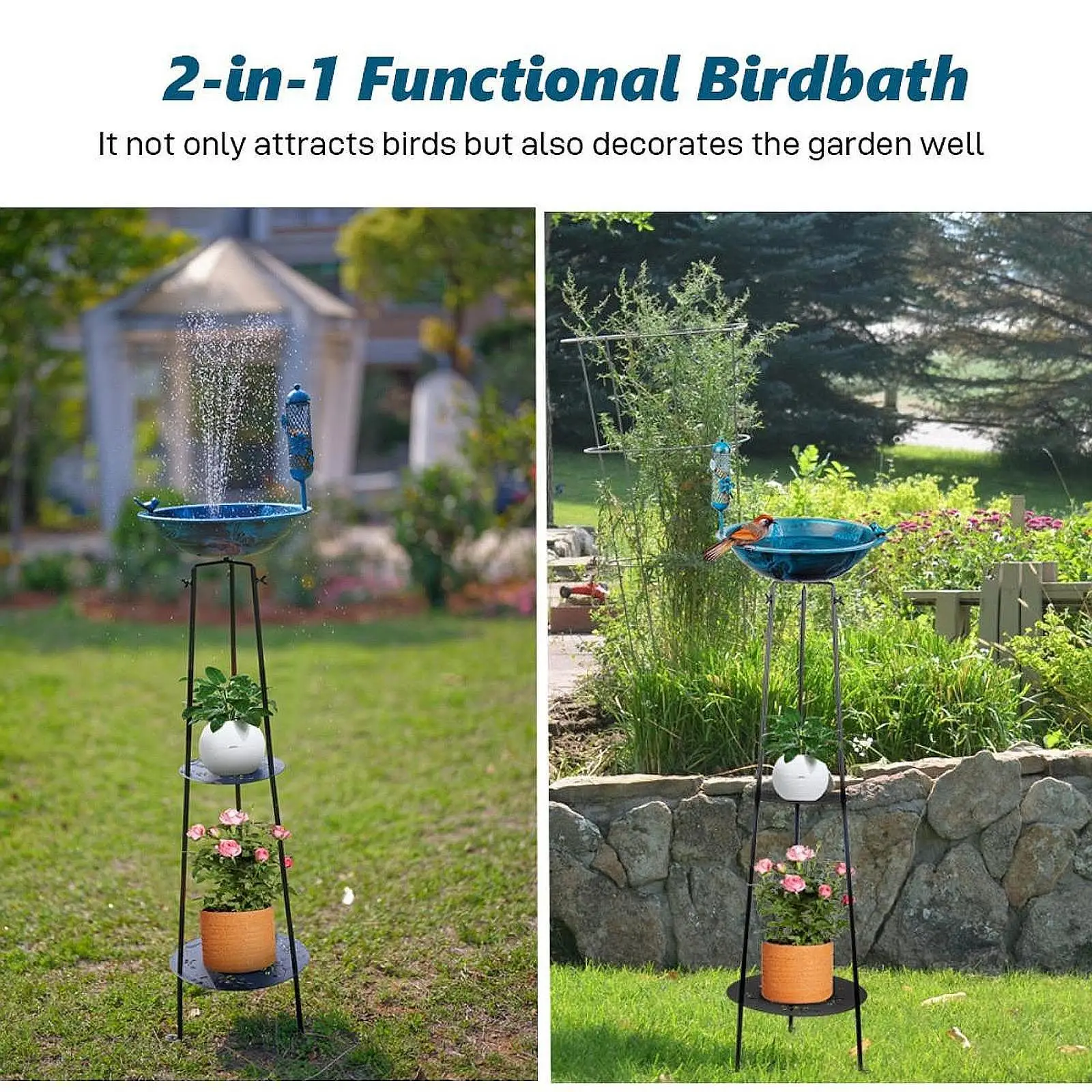 

Garden Plant Stand with Bird Bath Feeder , Blue Sturdy Trellis 33x105cm