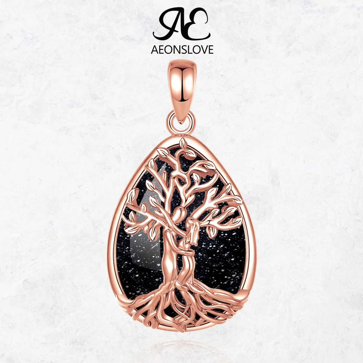 

AEONSLOVE 18K Rose Gold Tree of Life Necklace Starry Sky Sandstone Water Drop Pendant Energy Jewelry Anniversary gift for Women