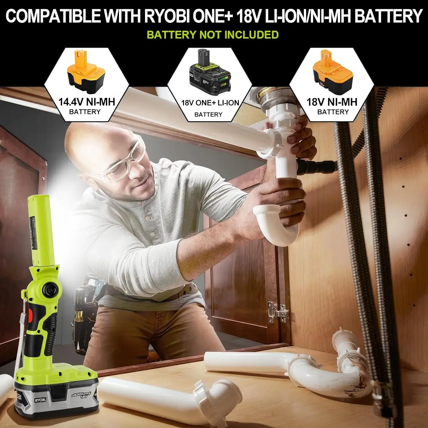 Cordless Flashlight for Ryobi 18V Li-ion Battery LED Work Light Hand Work Light Spotlight Outdoor Lamp Desk Lamp with USB