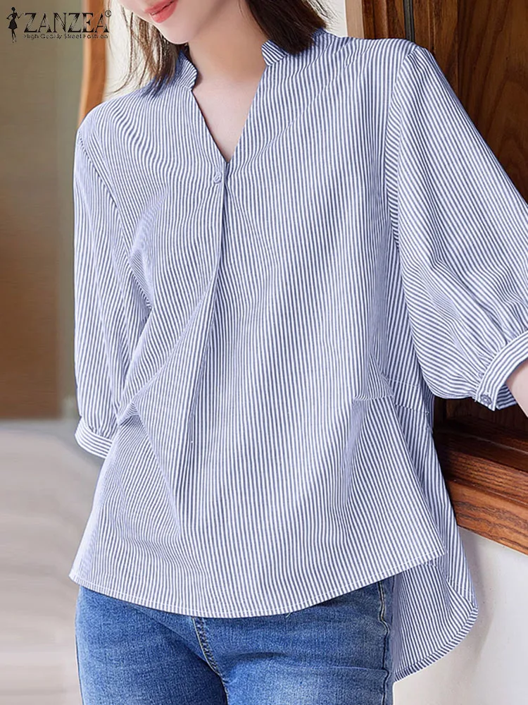 ZANZEA Fashion Women Striped Blouse Summer V Neck Half Sleeve Shirt Casual Elegant OL Work Tops Stylish Party Blusas Chemise