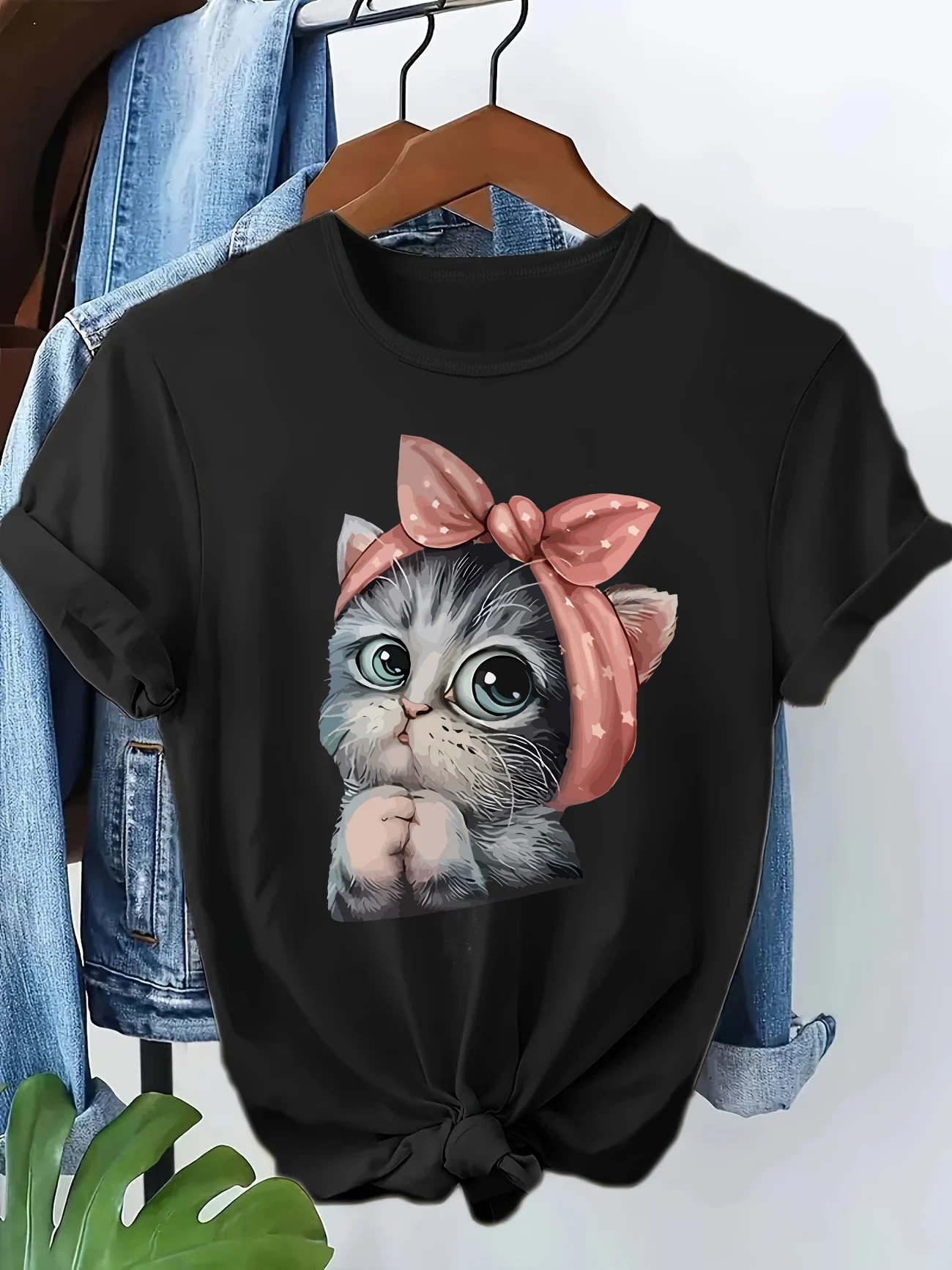 Kawaii Katze mit Schleife Retro 90er Jahre Mädchen Harajuku 90er Jahre Damen T-Shirt Cartoon Grafik Damen T-Shirt Lässiges Damen-Shirt Tee Shirt