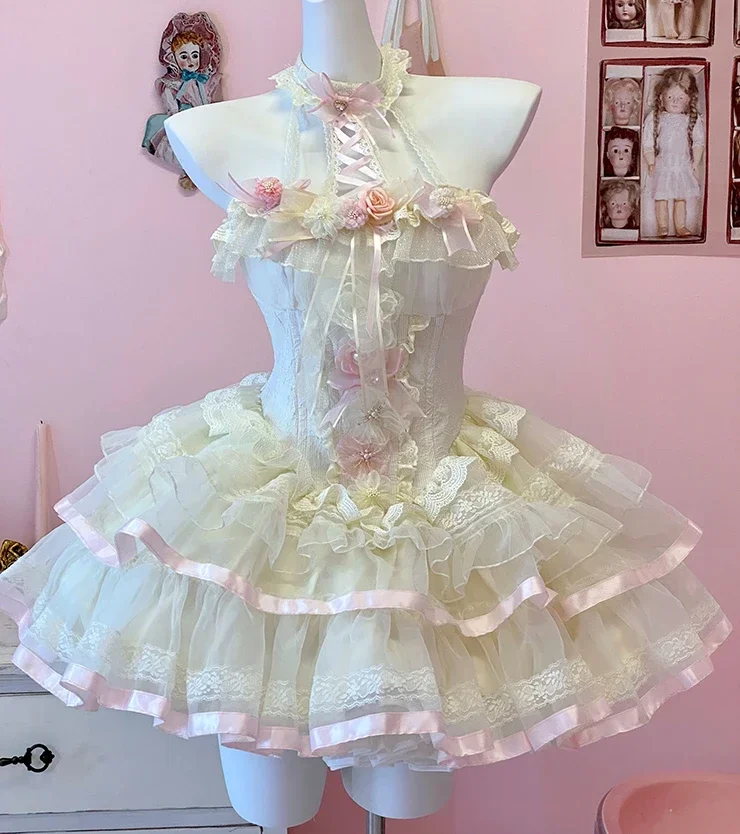 Fairy Ballet Style Romantic Atmosphere Flower Ribbon Princess Halter Dress 2024 New Spring Summer Women's Lolita Strapless Dress