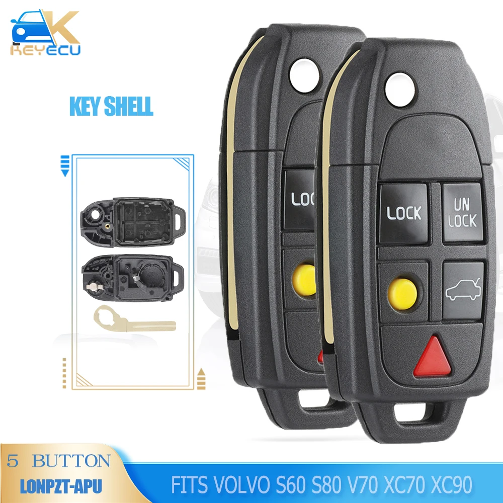 KEYECU 2PCS/LOT 5 Button Flip Remote Key Shell Case Fob fits 1999-2013 VOLVO S60 S80 V70 XC70 XC90