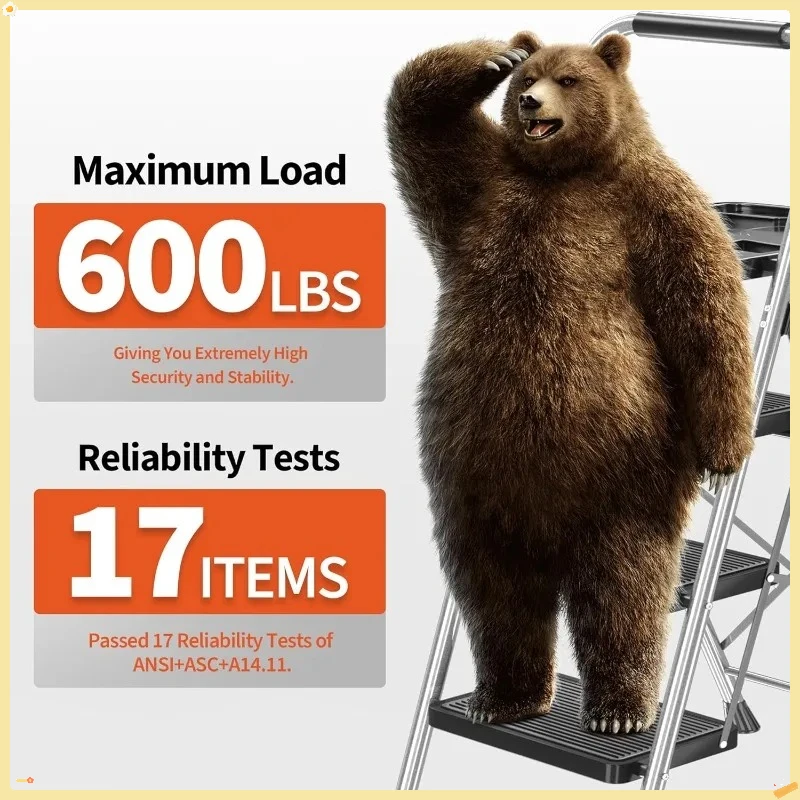 سلم عالي التحمل بـ 600 رطل بثلاث خطوات، سلم منصة أدوات مضاد للانزلاق، مقعد فولاذي رمادي للمنزل/المكتب/ورشة العمل