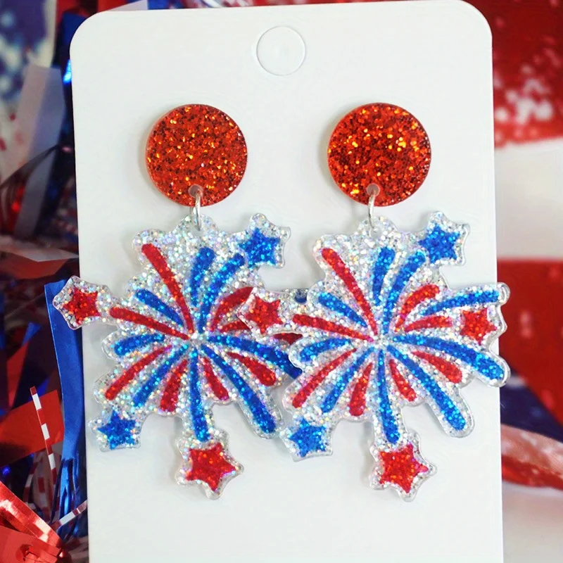 

1PC American Flag Sparkling Studs - Men's style, red, white, and blue fireworks design, sparkling stars, perfect for Independence Day celebrations and everyday wear