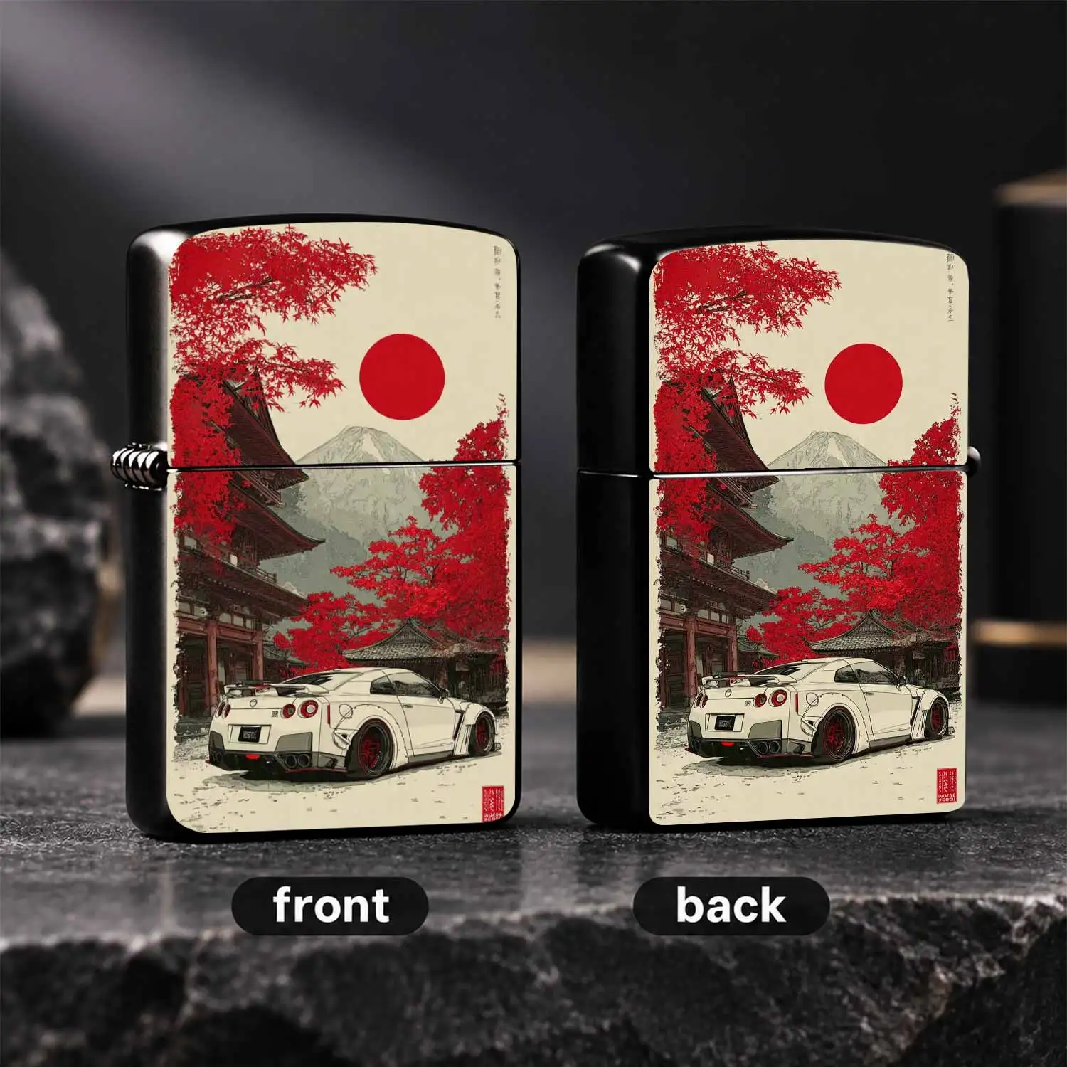 Japanese Style Ukiyo-E Pattern Lighter Red Maple Mount Fuji Classic Sports Car Art Design Portable Daily Use Ideal For Gifting Personal Carry For Various Scenes Practical Nice Present A Humorous And Interesting Lighter