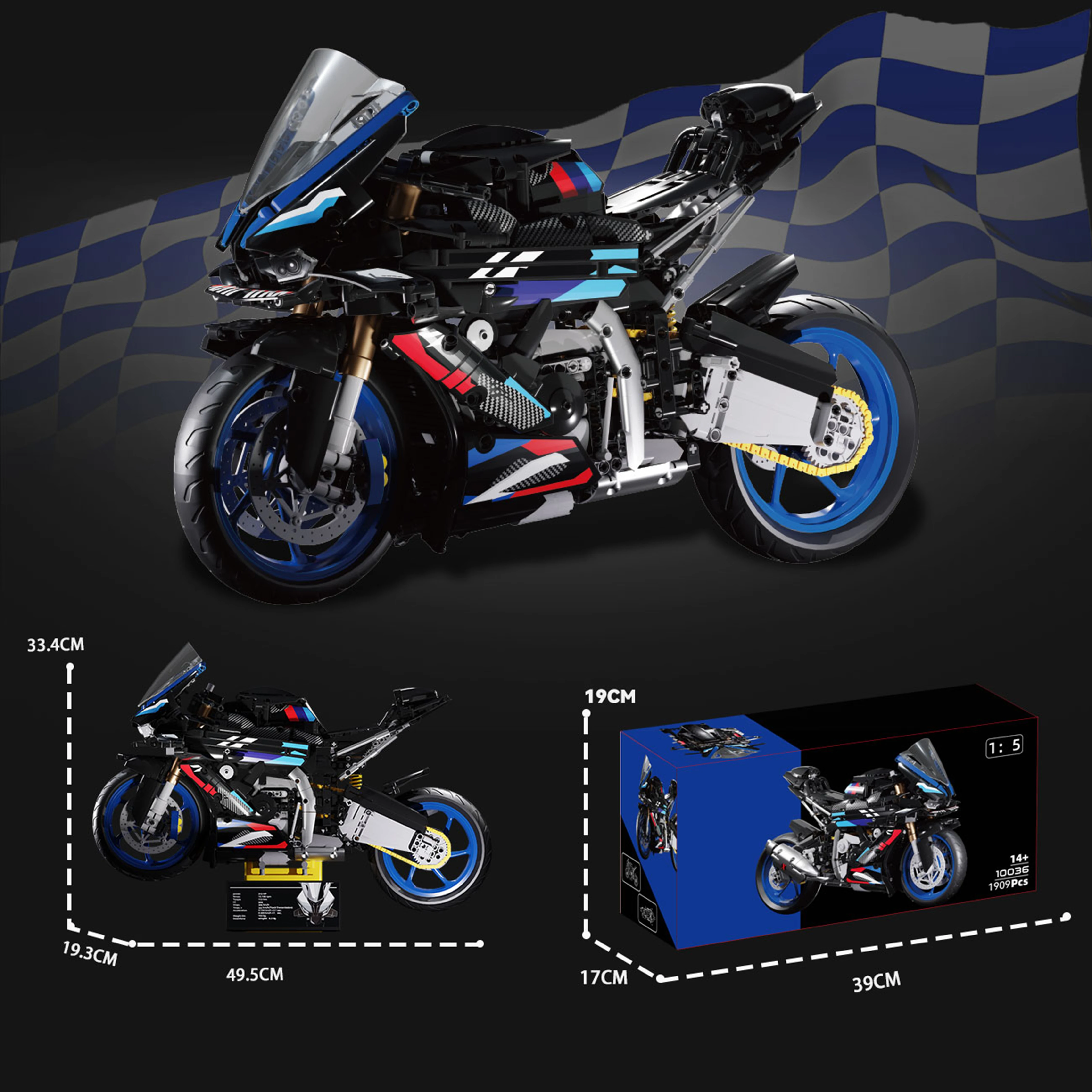 1900+PCS 1:5 Racing Motorbike Mechanical Group Building Blocks Advanced Assembly Toy Model Kit for Experienced Builders