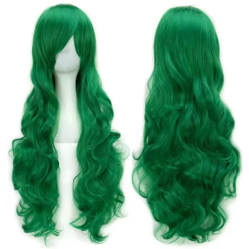 Wavy with side bangs, long curly hair, green and red wig