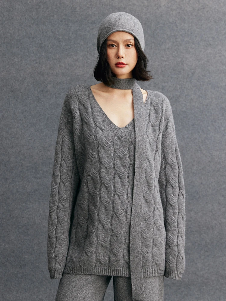 TLOML Suéter feminino 100% caxemira com decote em V pulôver grosso solto cabo tricotado de caxemira outono inverno macio quente tops de luxo