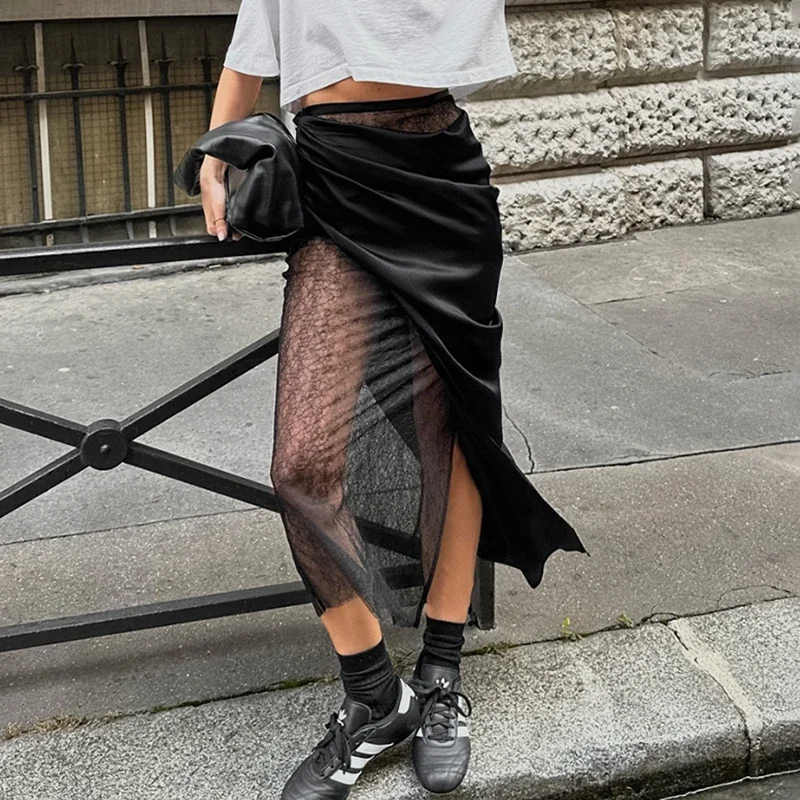 TARUXY Black Lace Splice Skirt For Women See Through Sexy Hot Girl 2025 Spring New High Waist Skirt Female Mid-Length Skirts