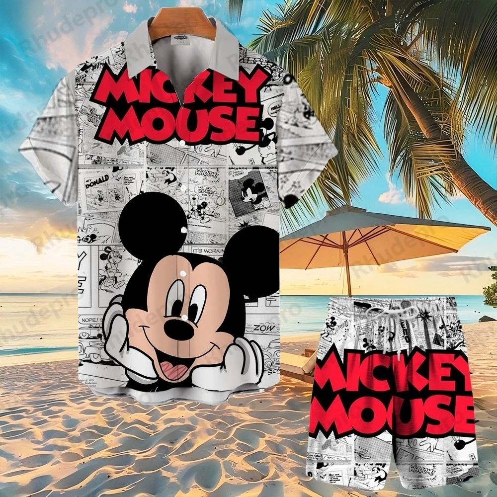

Disney Mickey Mouse Hawaiian Shirt Set Button Shirt Shorts Aloha Shirt Men and Women Cartoon Movie Shorts Casual Shirts Suit