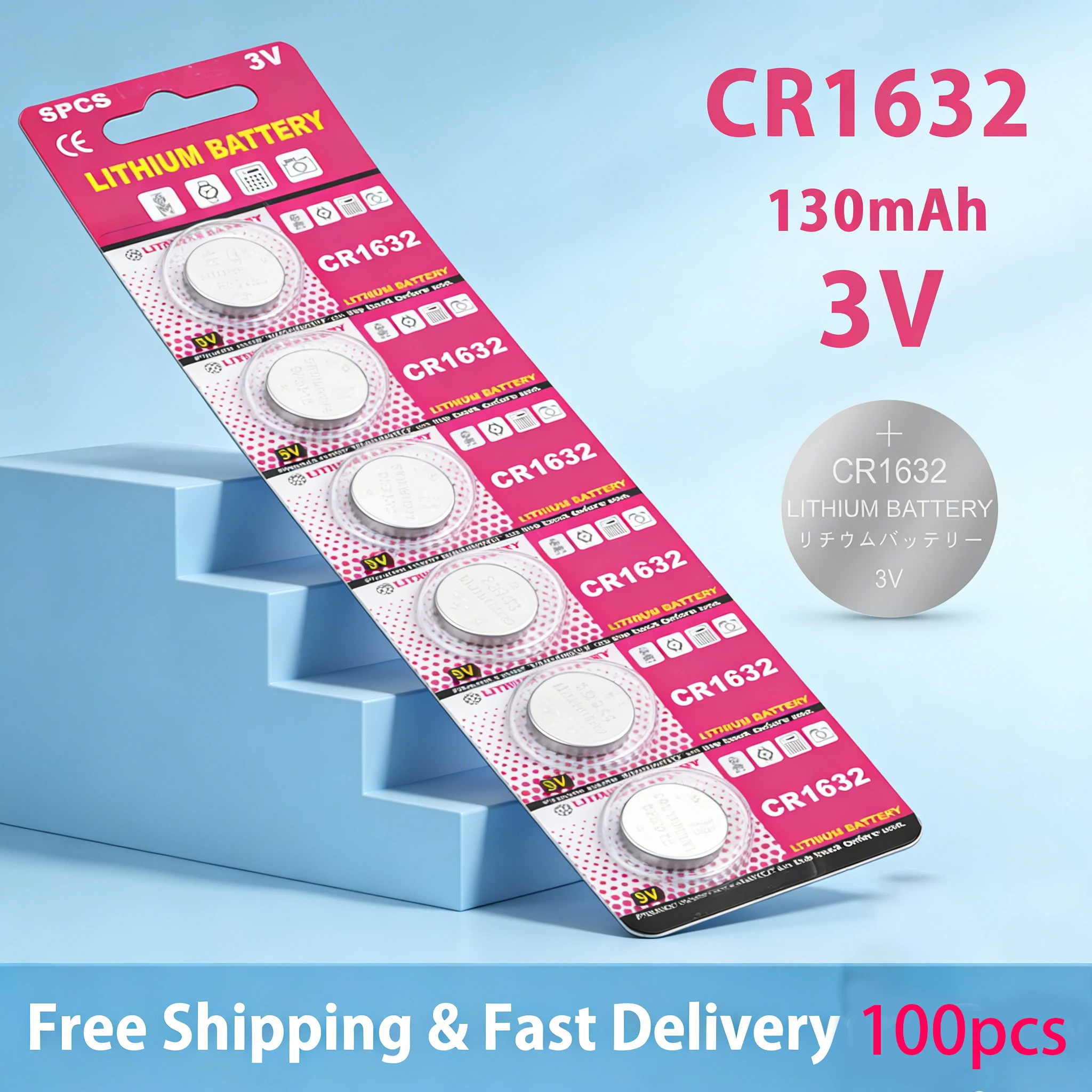 CR1632 3V Lithium Button Battery 130mAh - 5/10/20/50/100PK DL1632 ECR1632 BR1632 Coin Cell for Car Key Remote and Watches