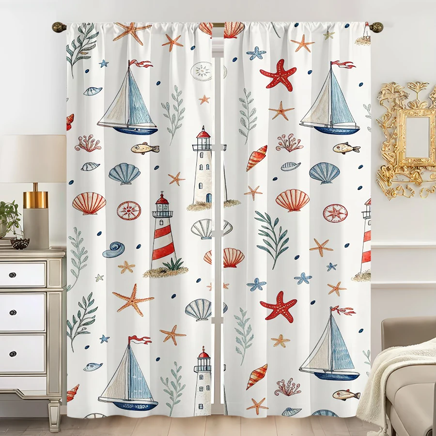 2PCS, Multicolor, Nautical Sailboat Lighthouse Starfish Seashell Curtains, for Bedroom and Living Room, Rod Pocket Style