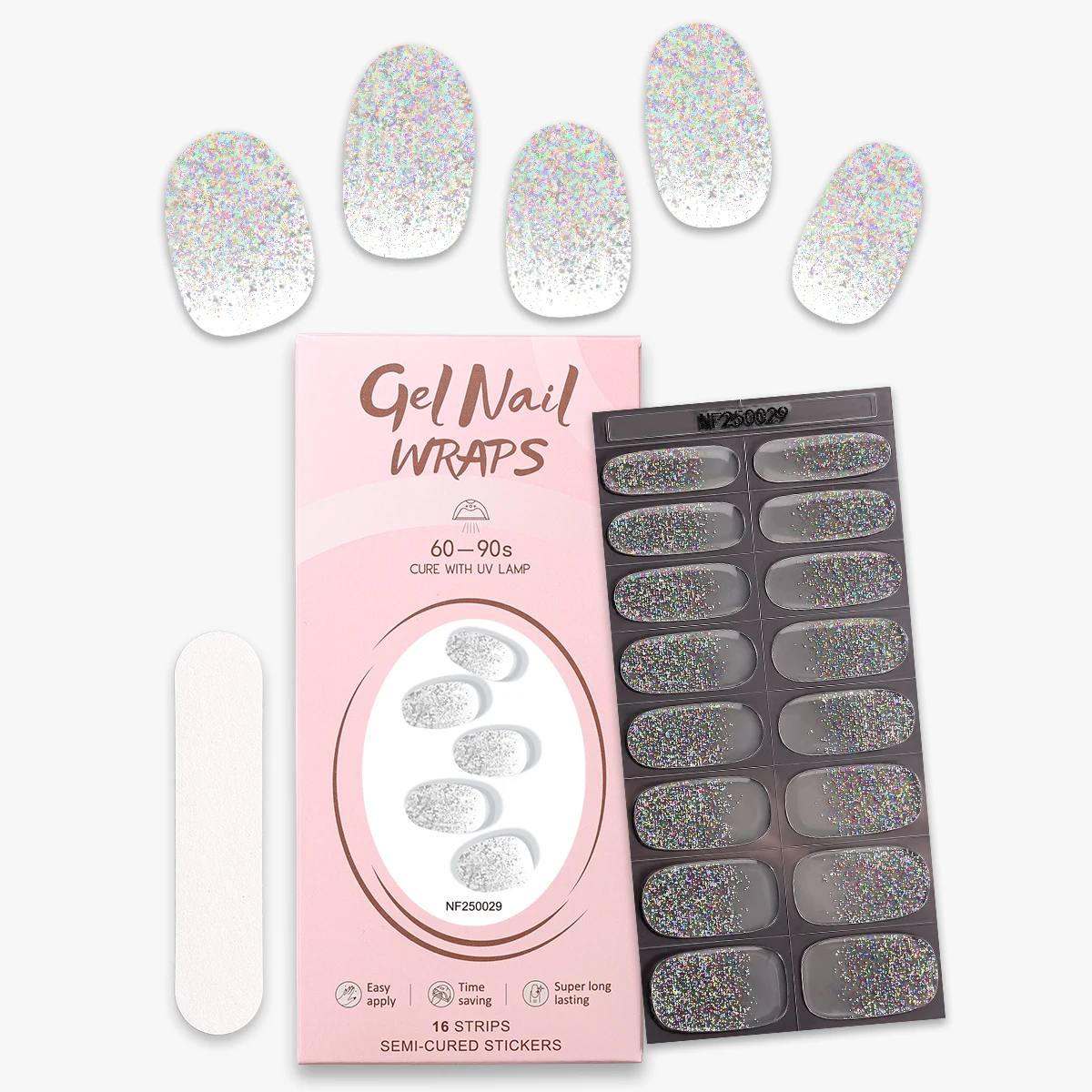 16Tips Glittering Semi Cured Gel Nail Strips Sparkly Long Lasting Self-Adhesive Gel Nail Wraps Full Cover UV Nail Sticker