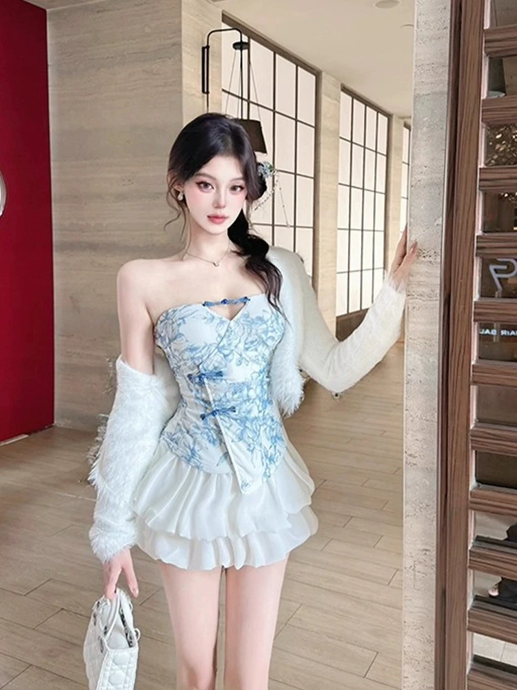 

XZY Sexy New Chinese Sle Button up Tube Top And ort Skirt Set in White for plus Size Women High Waist A-Line Skirt